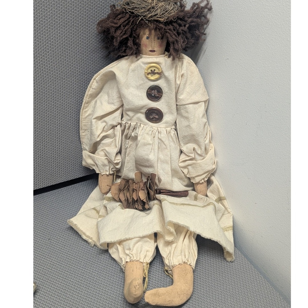 VTG Handmade Primitive Rag Doll Folk Art Cloth Bird Nest Crown Cinnamon Stick